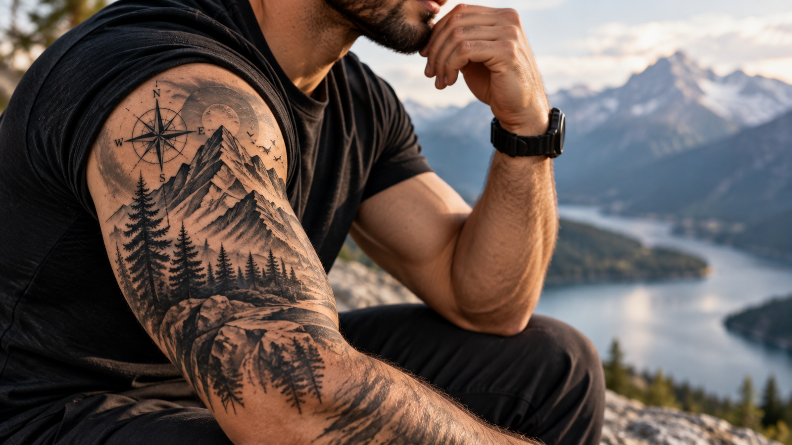 Contemplative Hiker with Mountain Tattoo