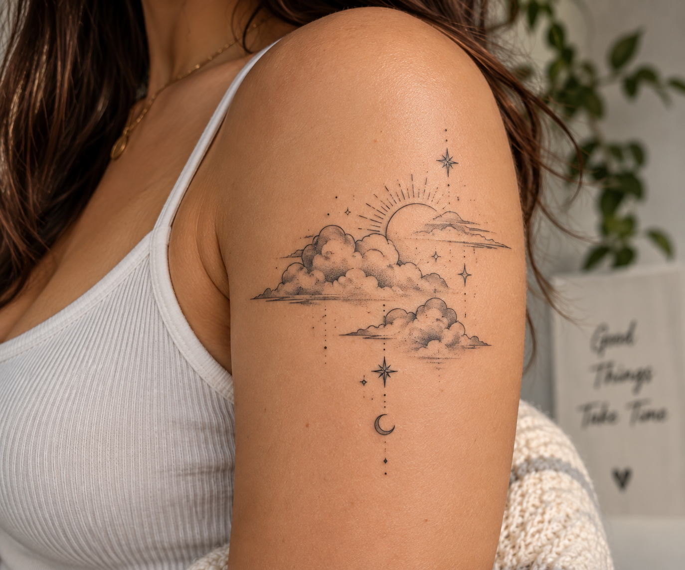 Dreamy Celestial Cloud Shoulder Tattoo