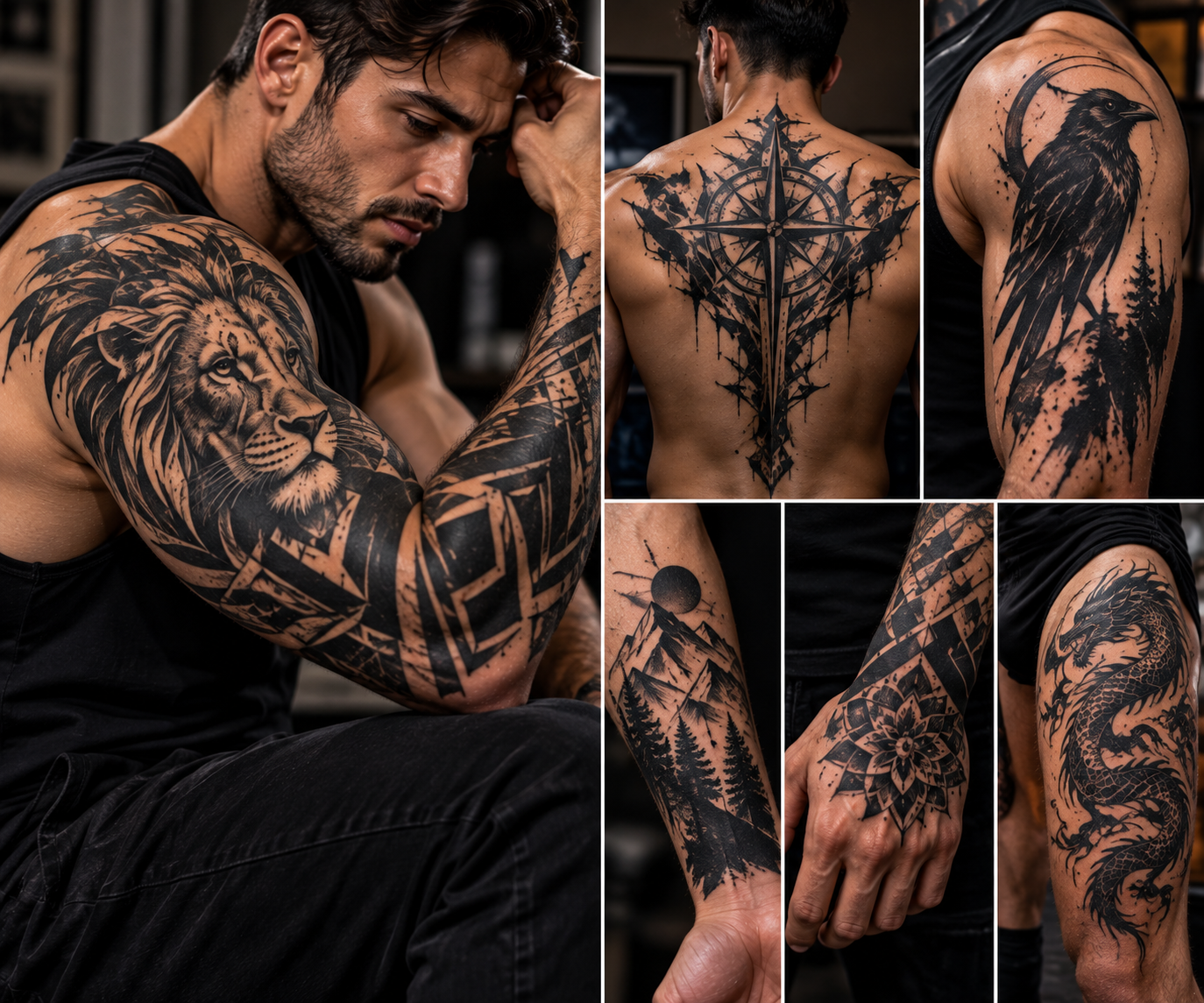 Explore blackwork tattoo ideas for men, featuring