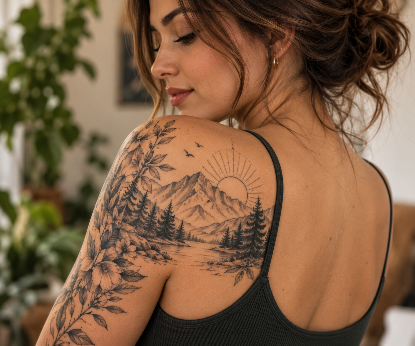 Nature-Inspired Shoulder Tattoo Portrait