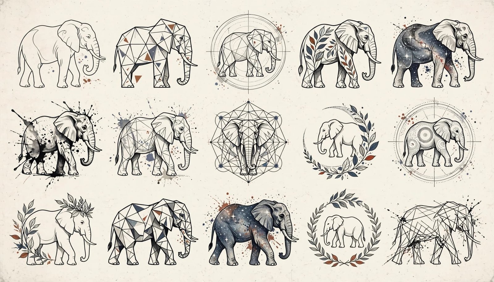 Fourteen abstract elephant tattoo designs arranged across a warm off-white background.