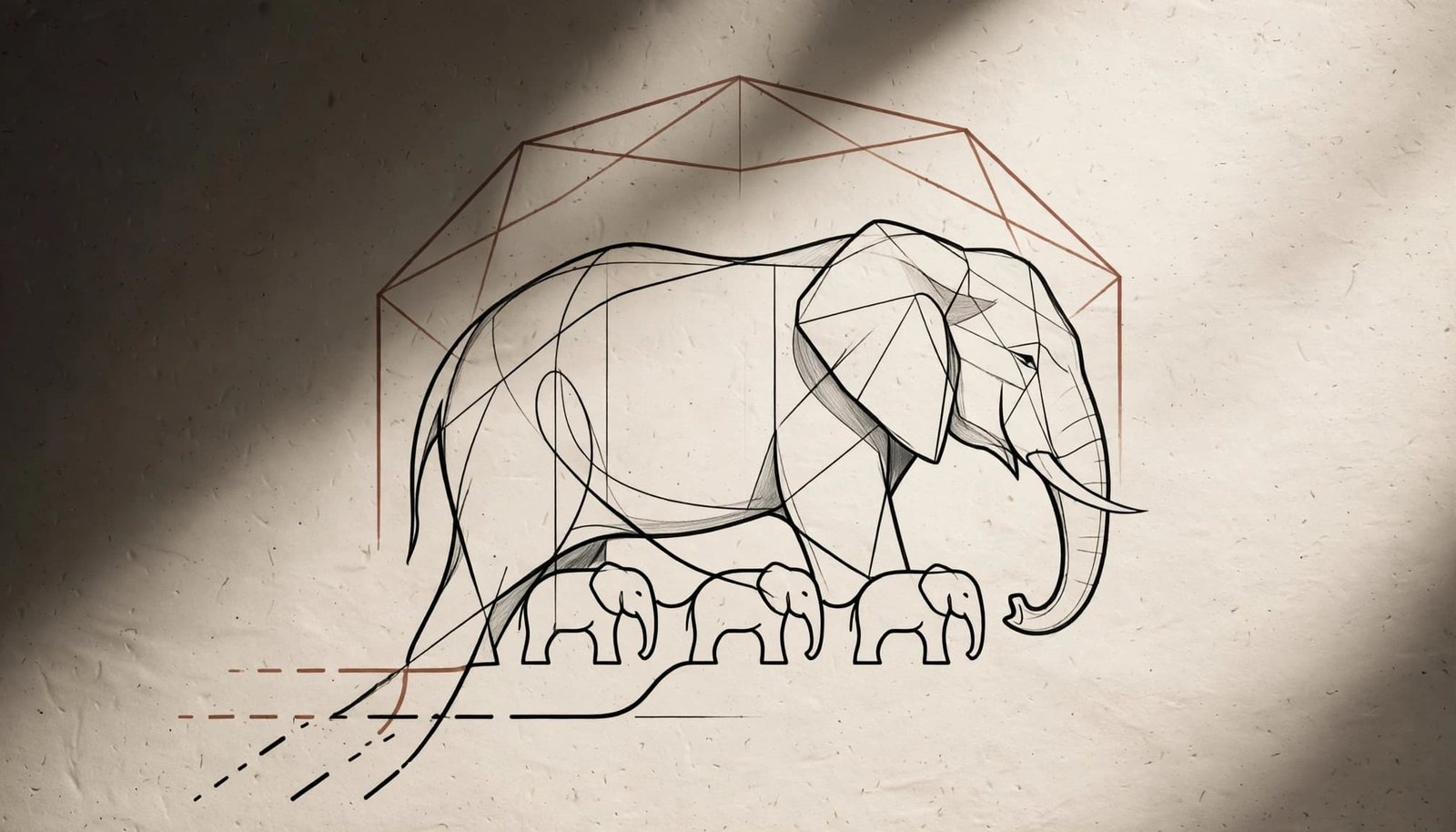 Abstract elephant tattoo outline with geometric shapes and connected lines on warm paper.