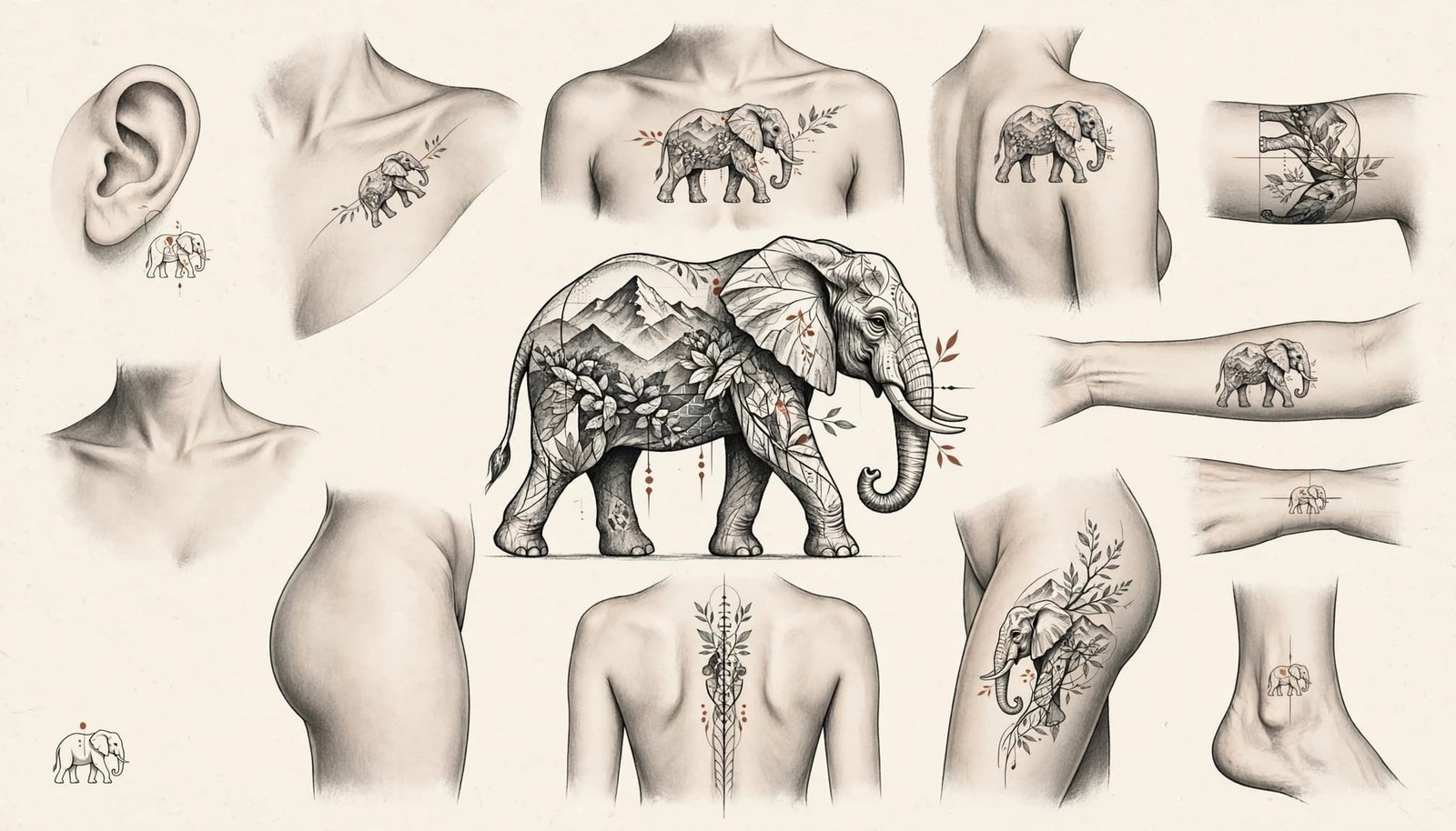 Elephant tattoo designs shown at different sizes across illustrated body areas.