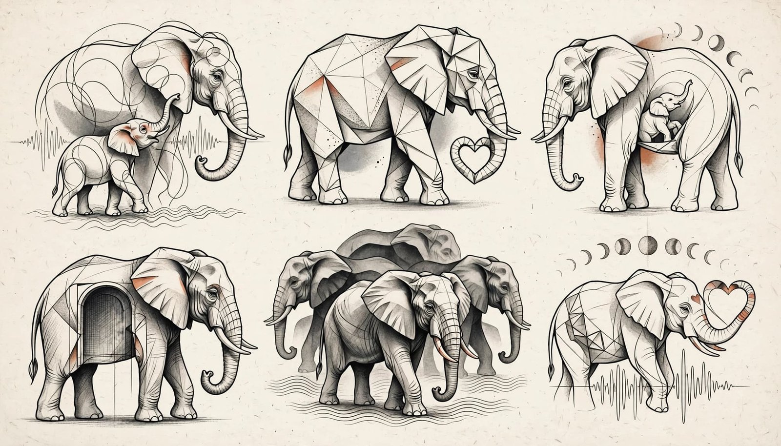 Abstract elephant tattoo studies with connected outlines, moon phases, shadows, and terracotta accents.
