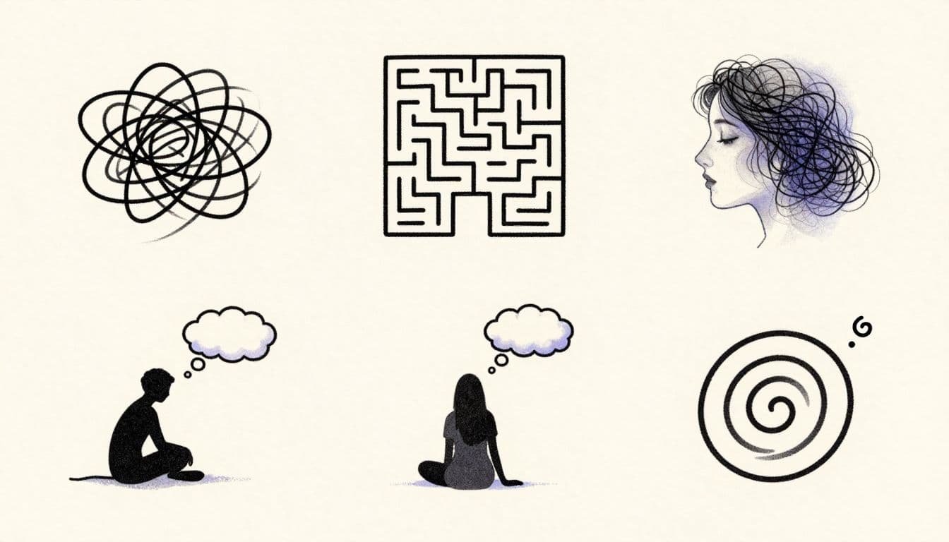 Five abstract fine-line tattoo designs arranged on warm off-white paper.
