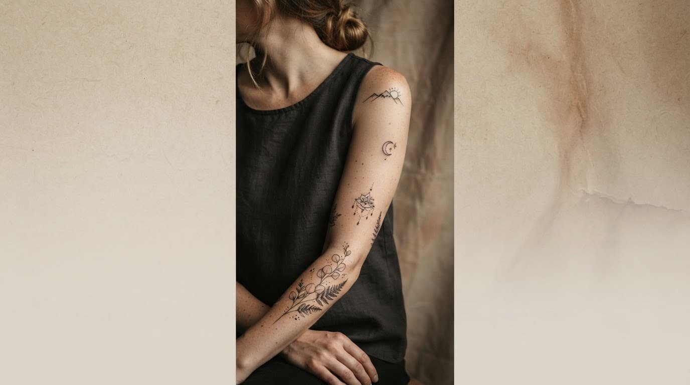 Woman's shoulder and forearm showing botanical, moon, and ornamental tattoo designs.