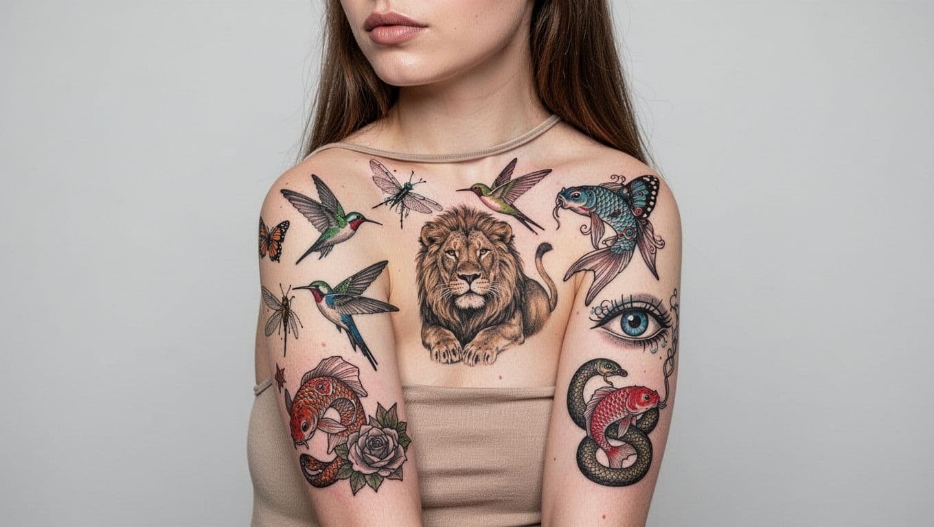 Tattooed woman showing animal and symbolic designs across her shoulder and upper arm.