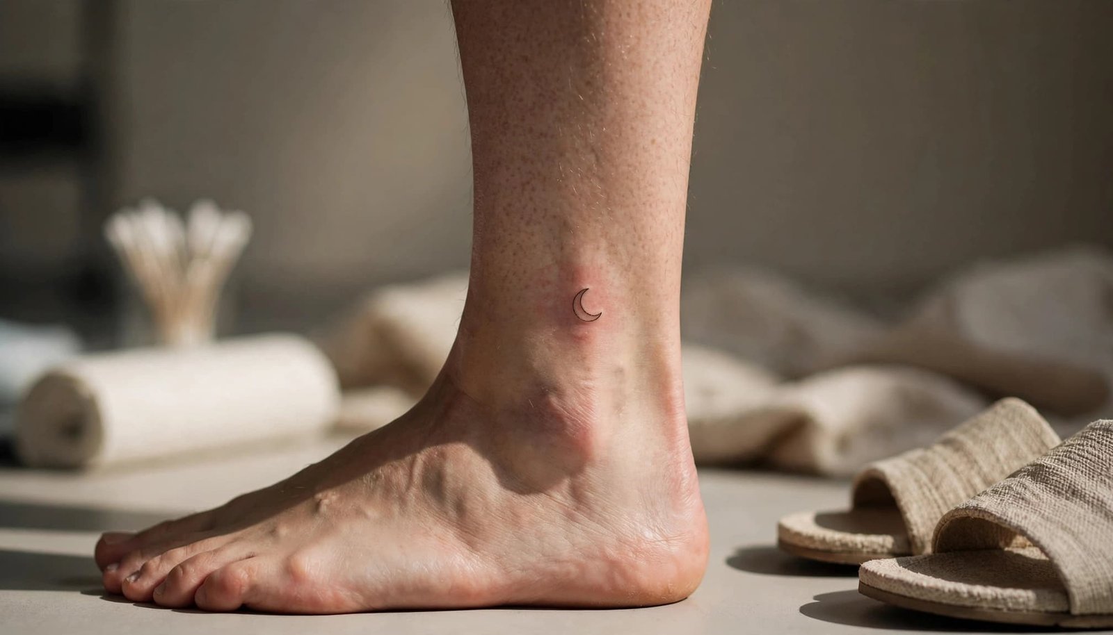 Fresh minimalist ankle tattoo with slight redness and loose footwear nearby.