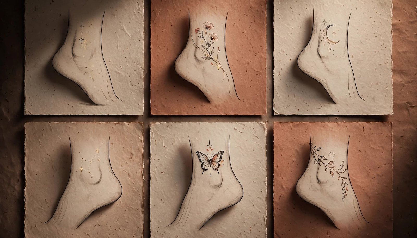 Illustrated ankles show small floral, celestial, butterfly, and vine tattoo designs.