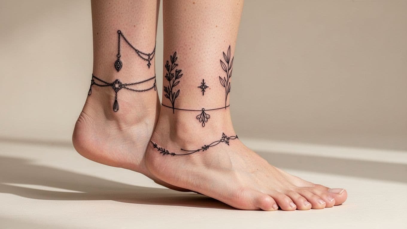 A lower leg showing several delicate black ankle tattoo placement examples.