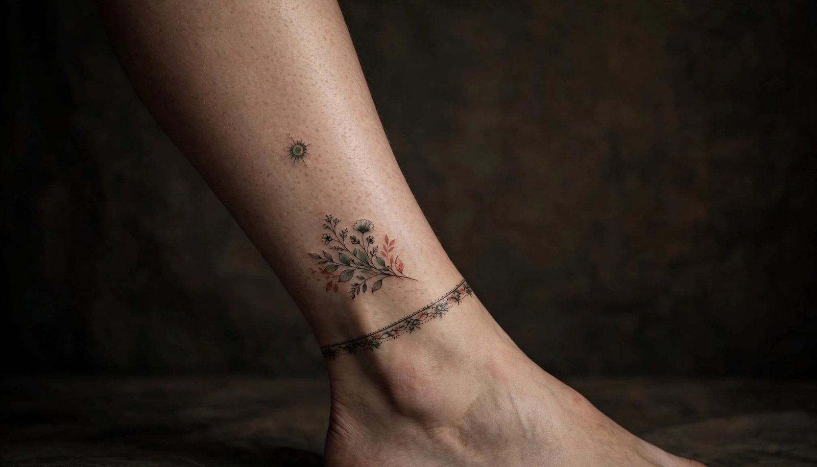 Lower leg showing three ankle tattoo placement ideas in black and muted color ink.