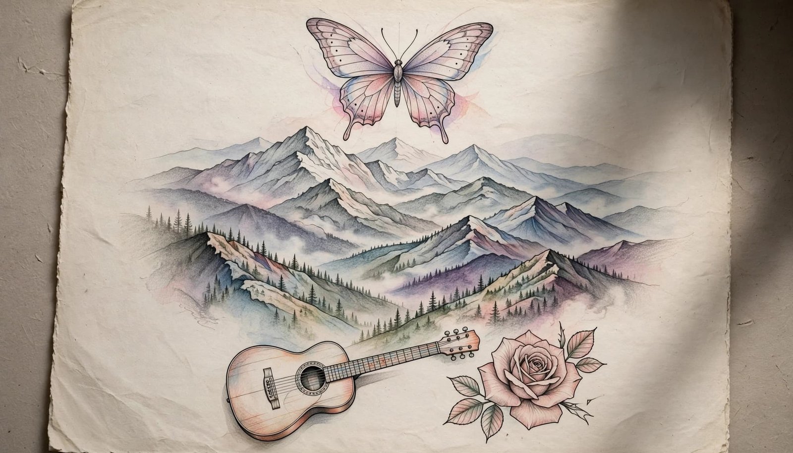 A butterfly, mountains, guitar, and rose arranged as a tattoo sketch.
