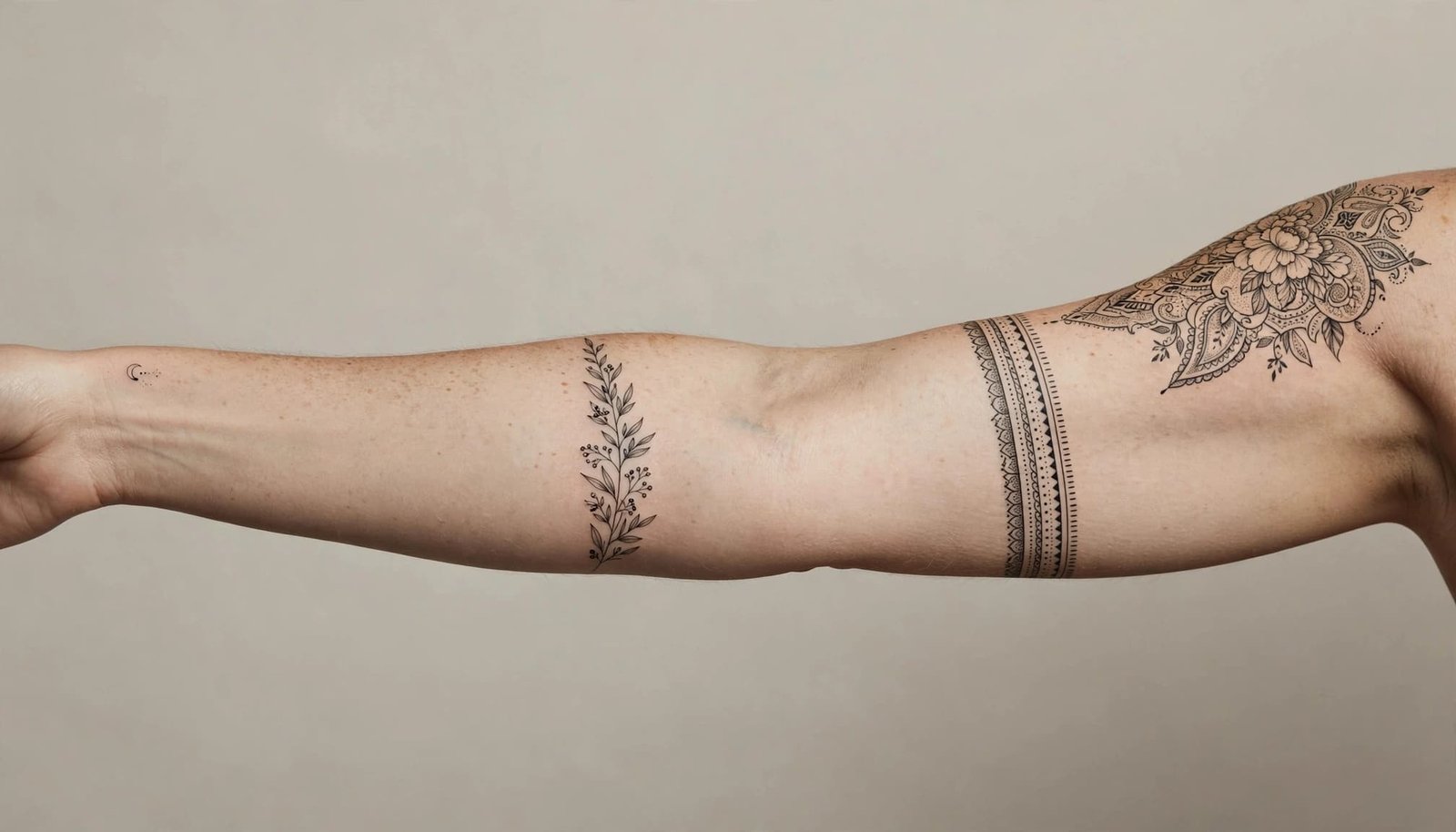 Tattooed female arm showing designs from wrist to shoulder against a neutral background.