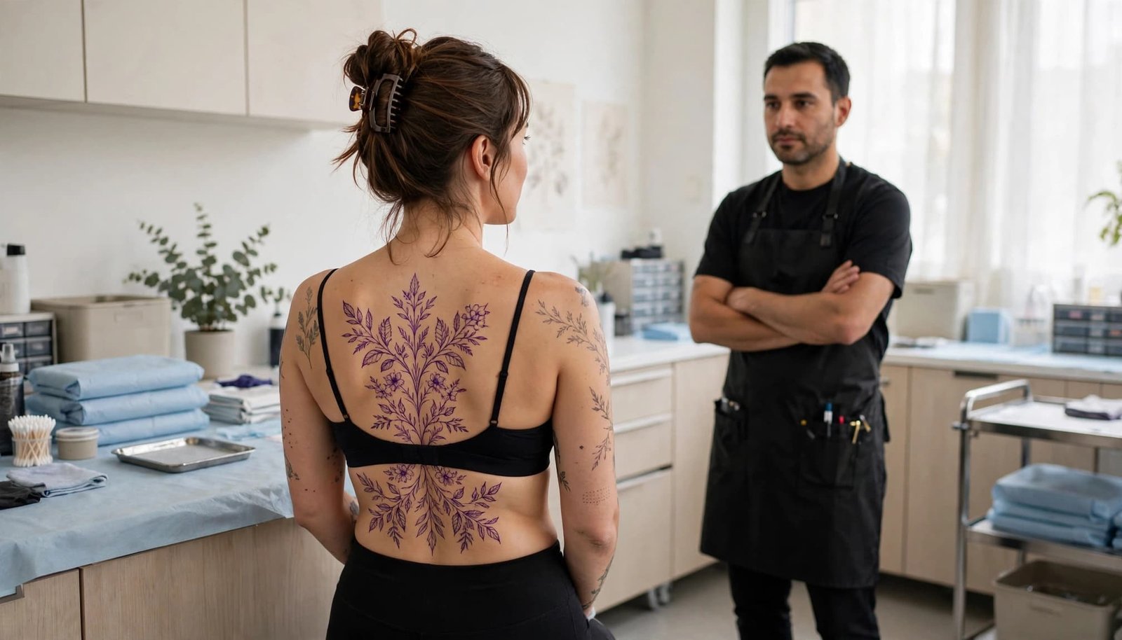 A tattooed woman shows a botanical back stencil while an artist reviews its placement.