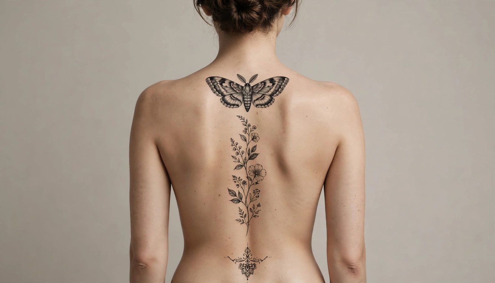 Back view showing floral, moth, and ornamental tattoos in three placement zones.