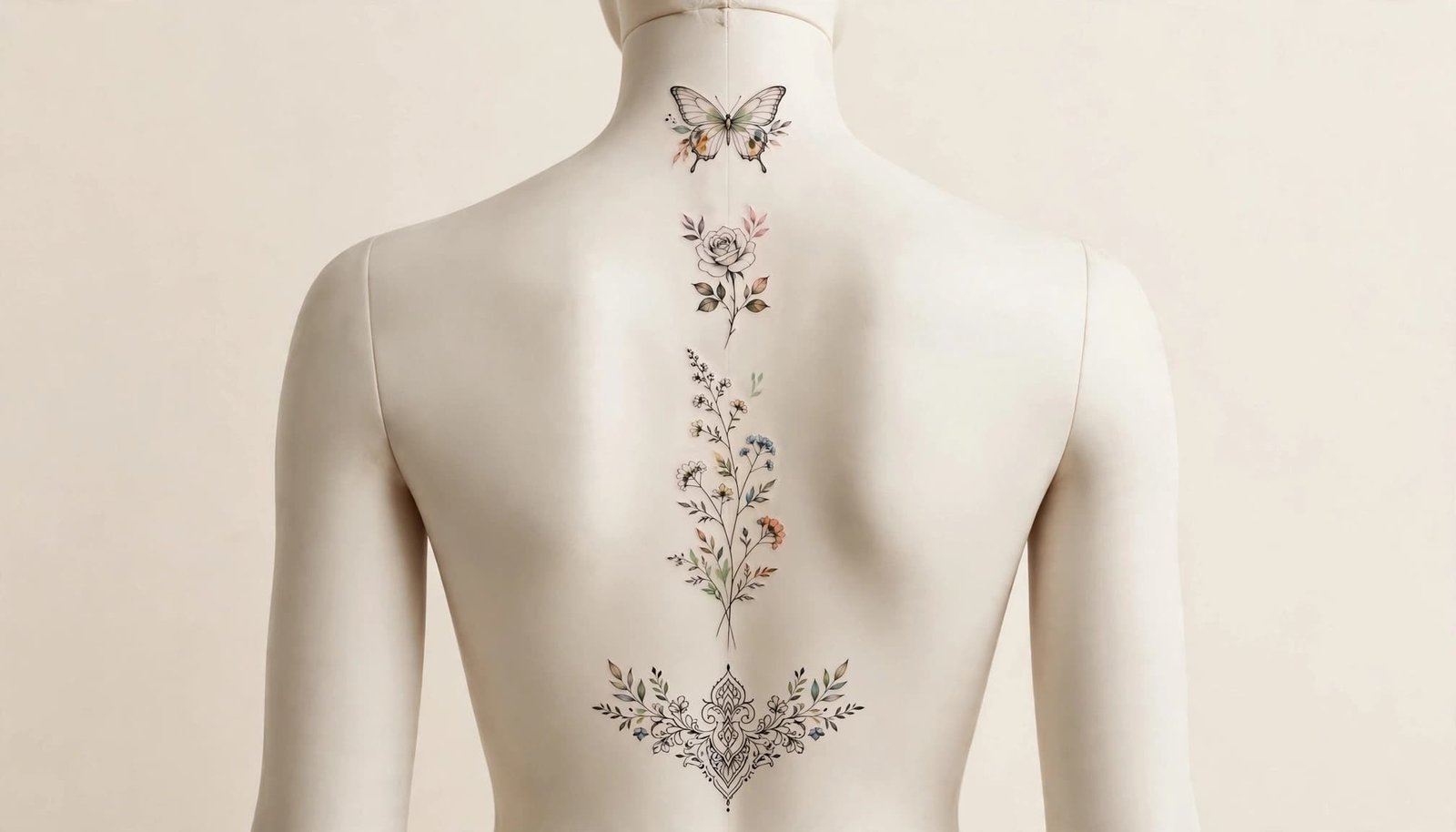 A mannequin back showing four floral and ornamental tattoo placements.