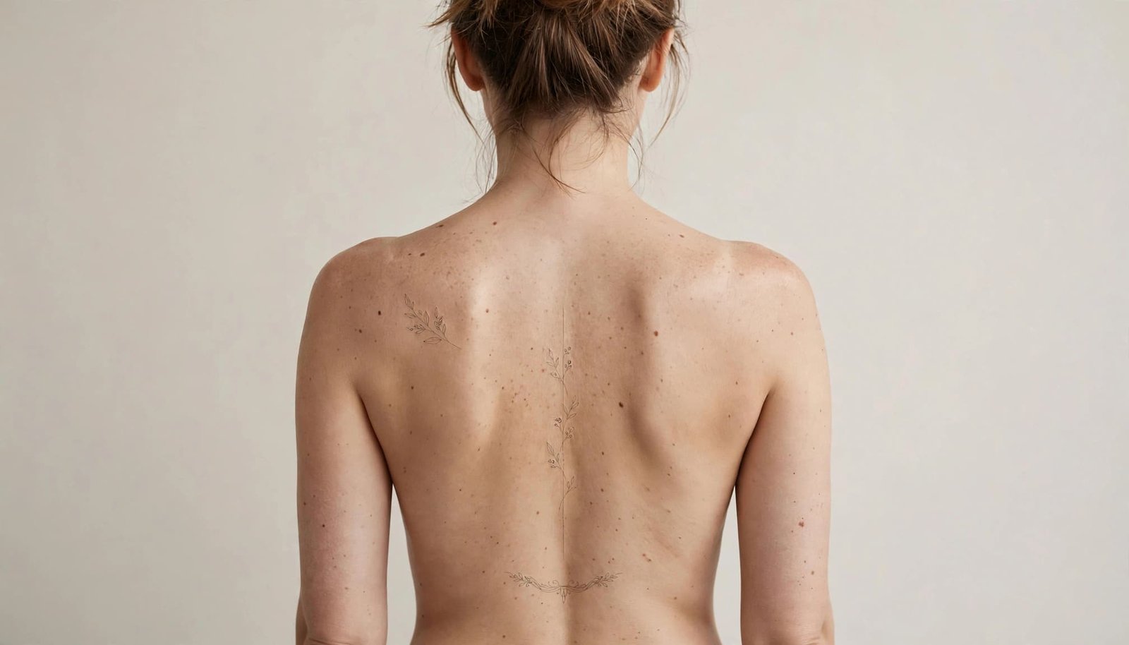 Woman viewed from behind with outlined tattoo zones across her back.
