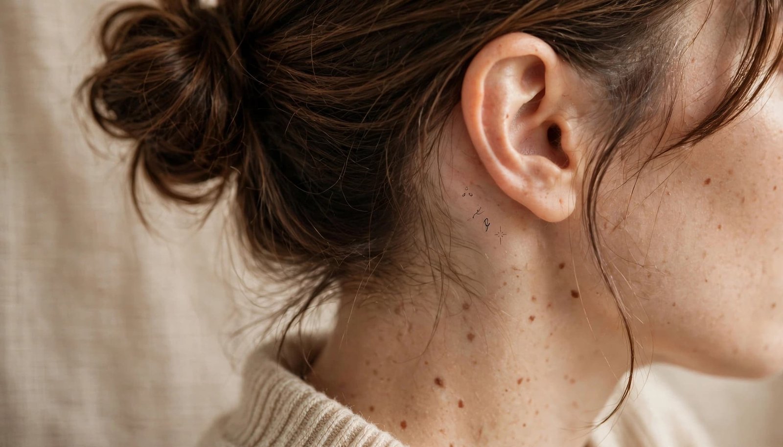 Close-up of a woman showing a small black tattoo behind her ear.