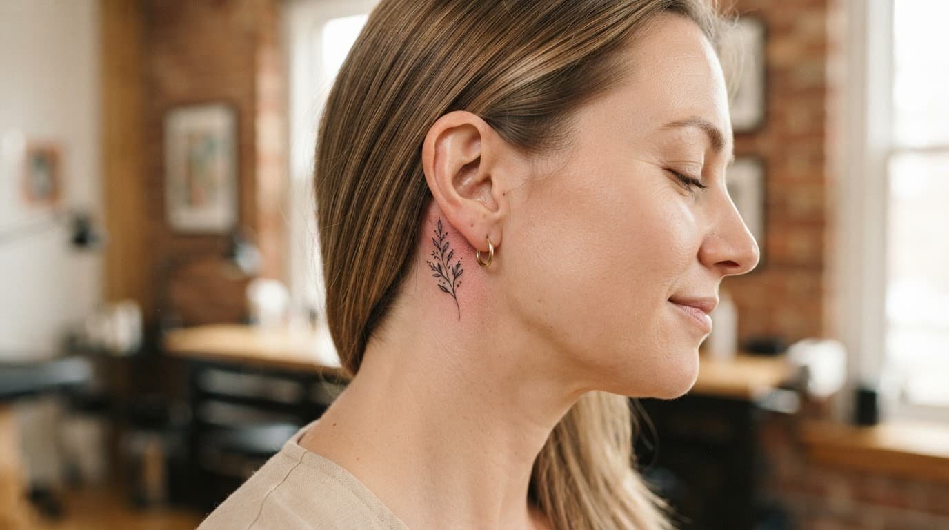 Woman showing a small tattoo behind her ear in warm studio light.