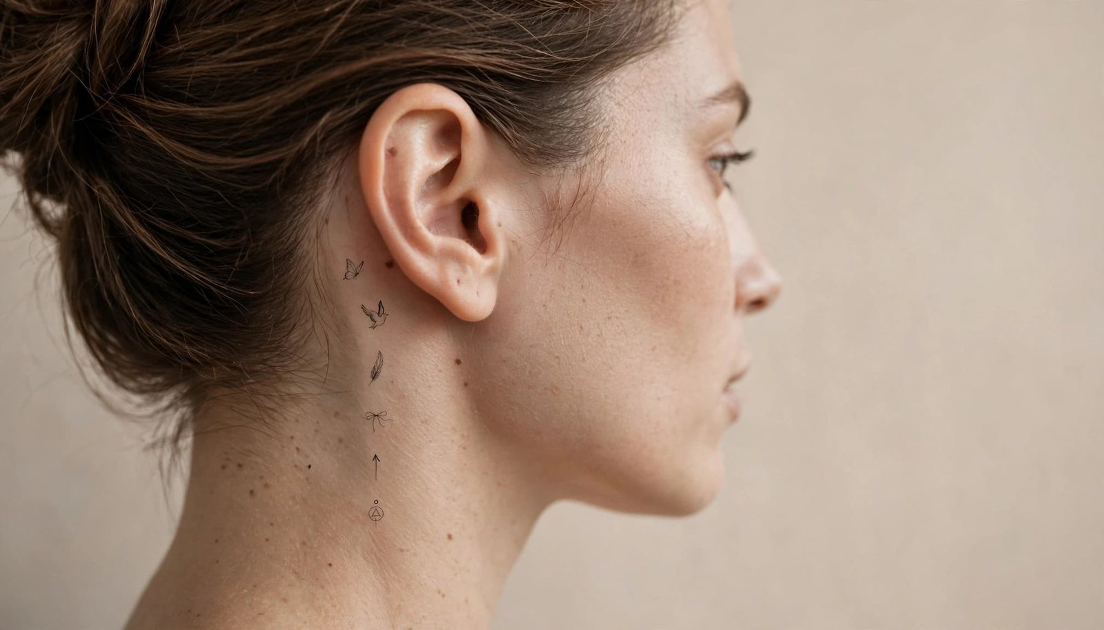 Woman's ear and neck with six tiny minimalist tattoos behind the ear.
