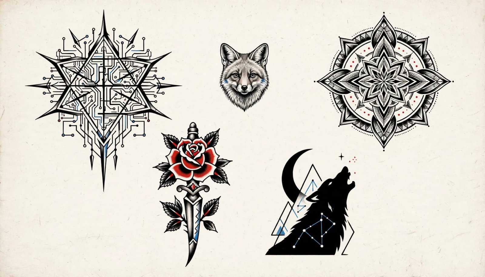 Five bold tattoo designs arranged on off-white flash paper with black ink and red and blue accents.