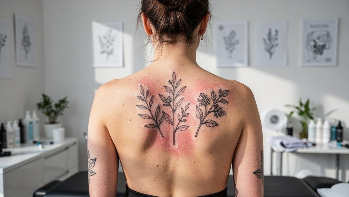 Woman showing a fresh botanical tattoo stencil across her upper back.