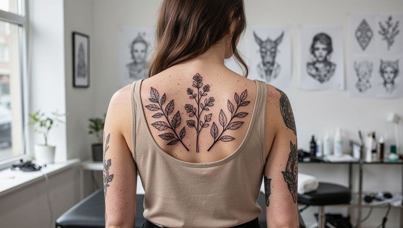 Woman showing a botanical tattoo stencil across her upper back and shoulder blade.