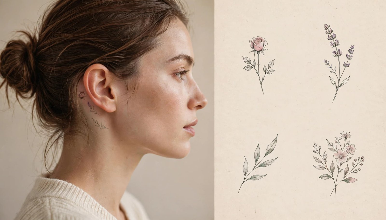 Woman with small botanical tattoos behind her ear in a warm studio.
