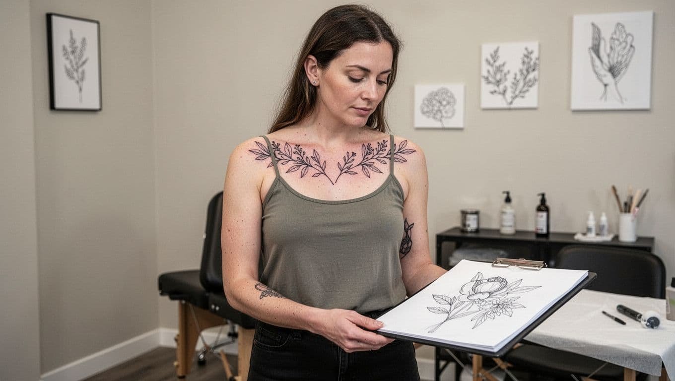 Woman with a botanical collarbone tattoo beside a sketch folder in a private studio.