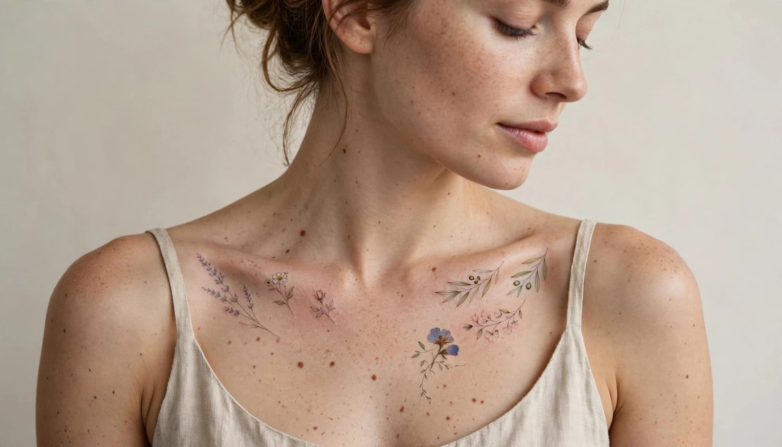 Woman showing delicate botanical tattoos across her collarbones in a neutral sleeveless top.
