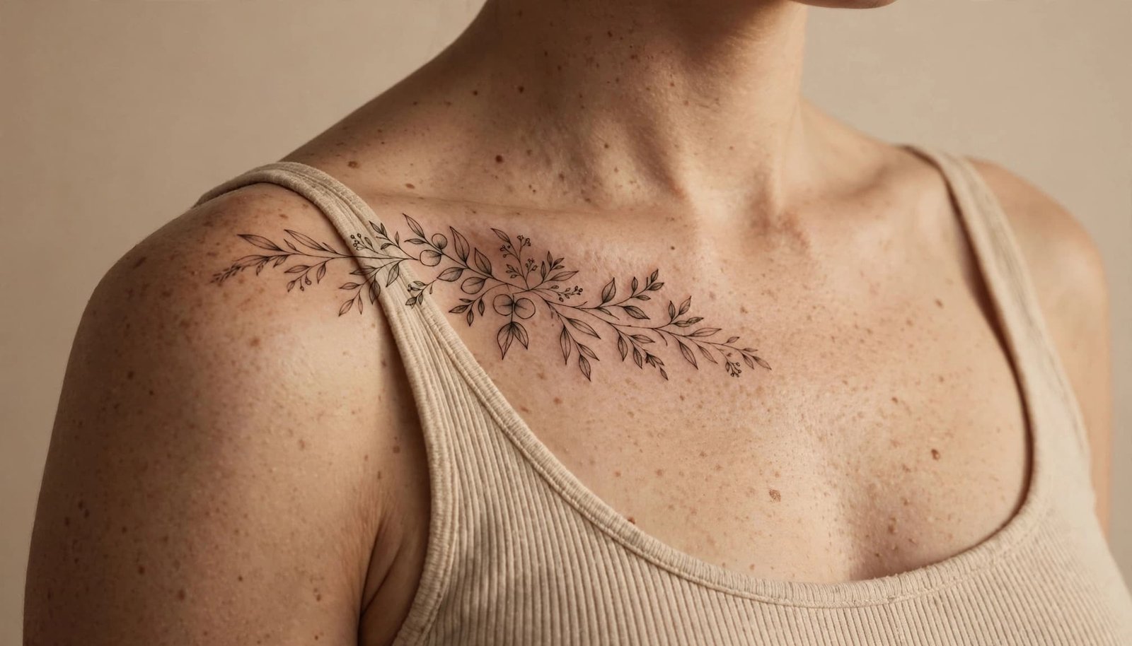 Delicate botanical tattoo across the collarbone and shoulder beneath a sleeveless top.