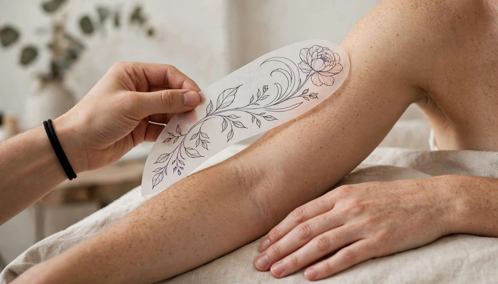 Artist positioning a flower stencil beside a client's shoulder and forearm.