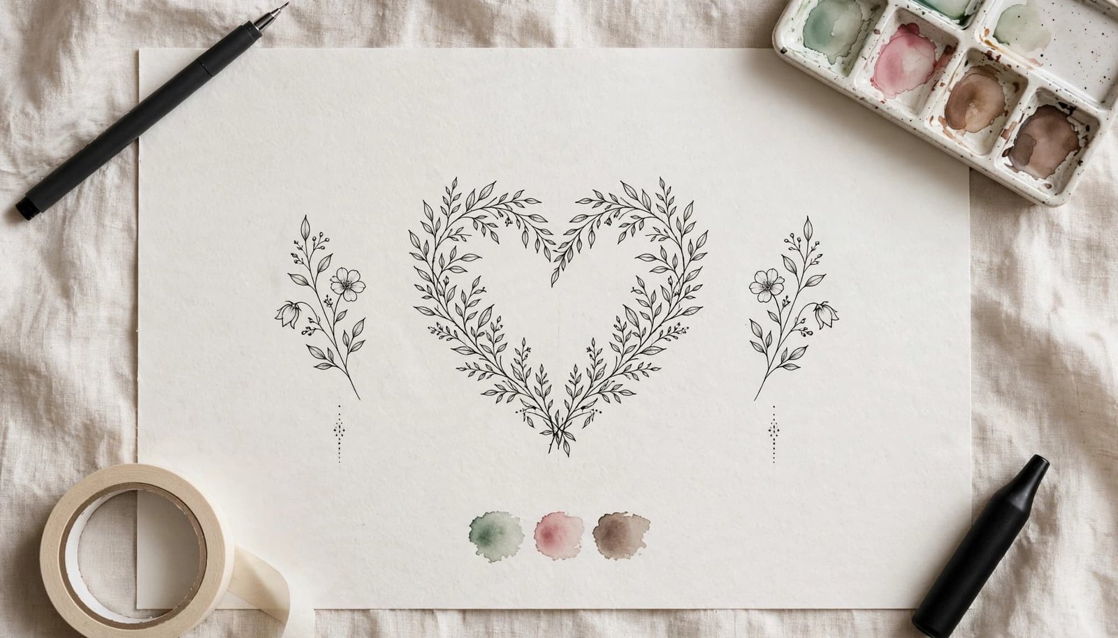 Botanical heart artwork with flowers, date marks, and tattoo tools.