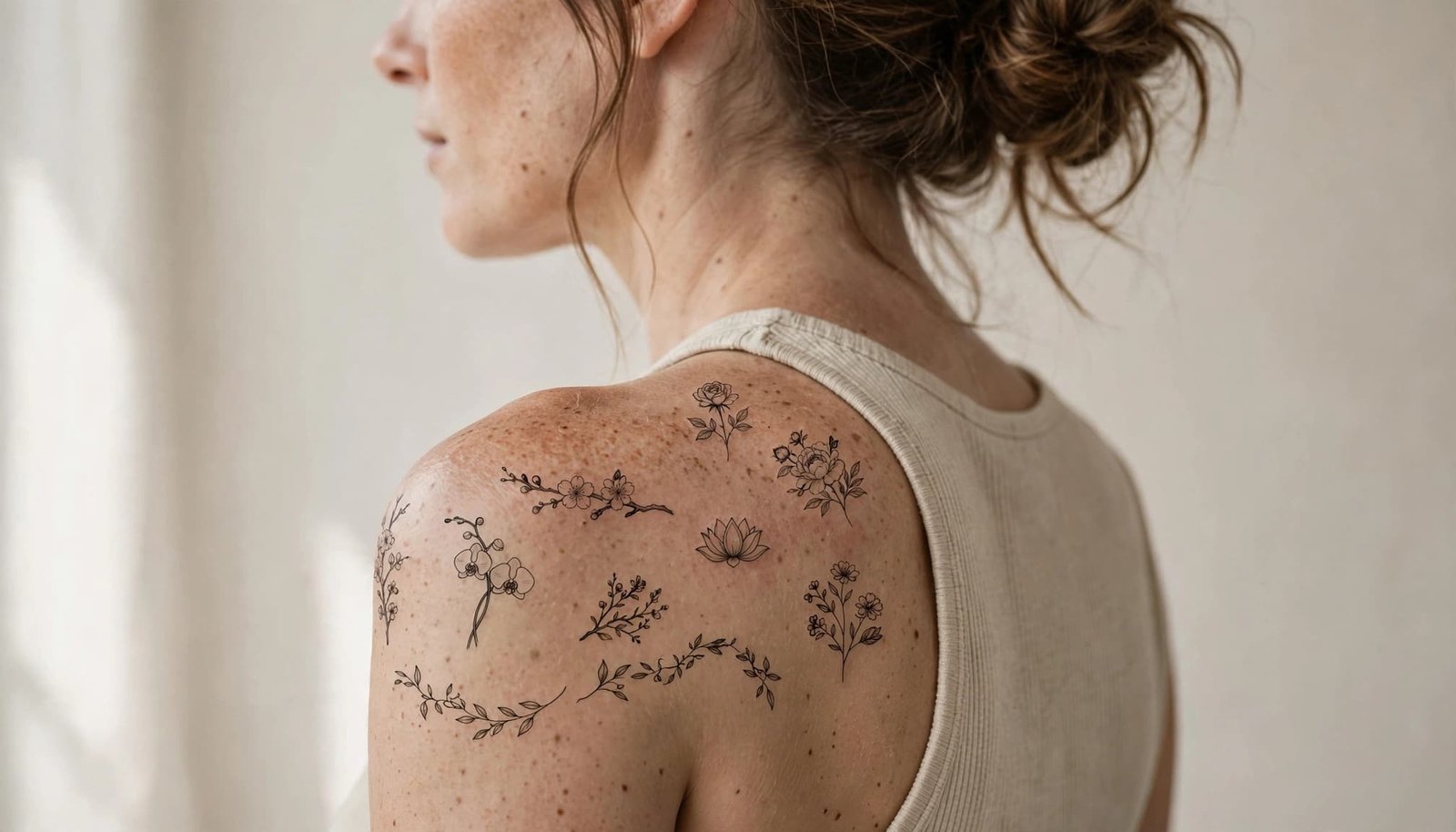 Tattooed woman showing fine-line floral designs across her shoulder.