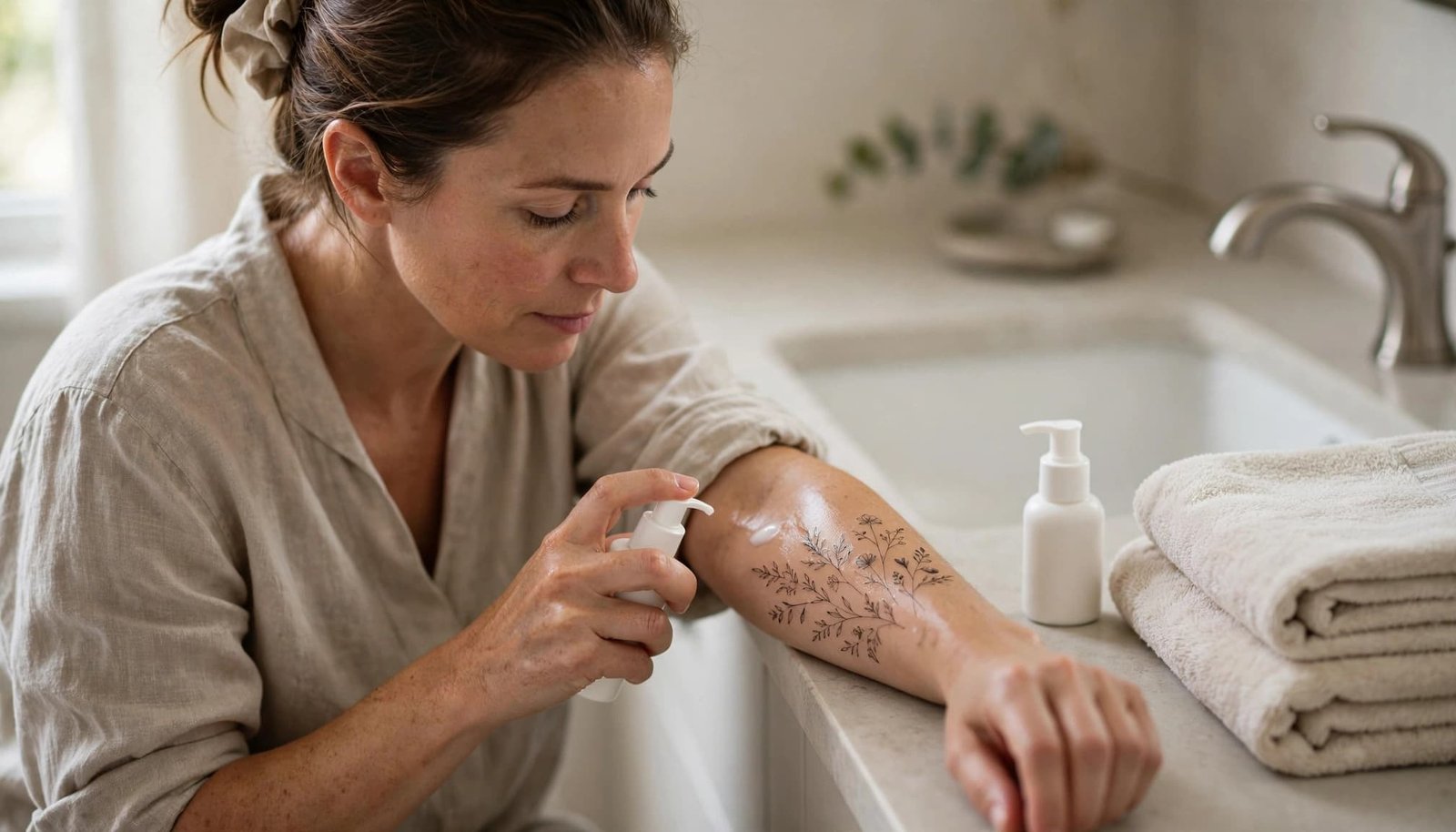 Woman gently caring for a botanical tattoo beside a clean bathroom sink.
