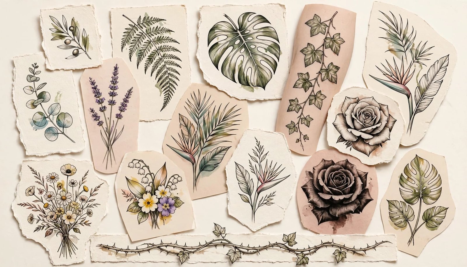 Botanical tattoo designs arranged on neutral paper and skin-toned practice sheets.