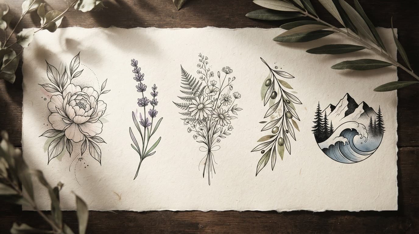 Five botanical tattoo sketches on warm paper with soft shadows.
