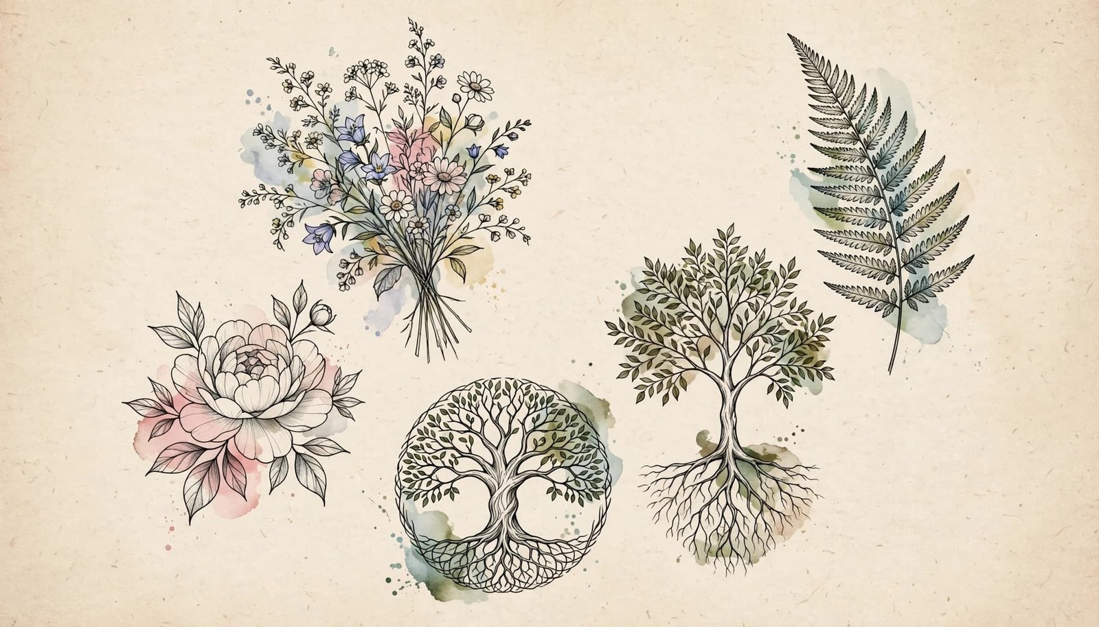 Five botanical tattoo sketches arranged on warm paper.