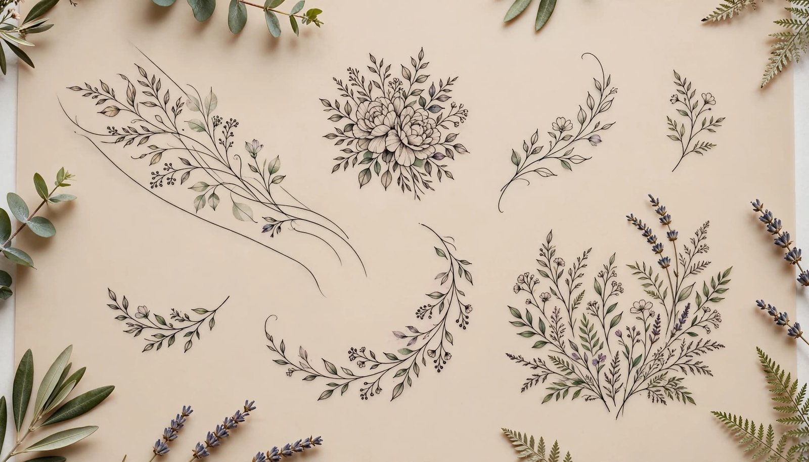 Botanical tattoo designs arranged by body placement on a neutral practice sheet.