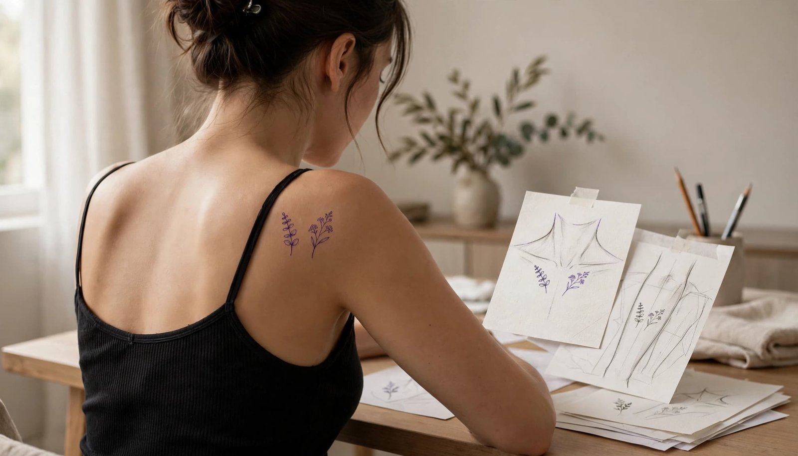Woman reviewing botanical tattoo stencils on her shoulder and upper back.
