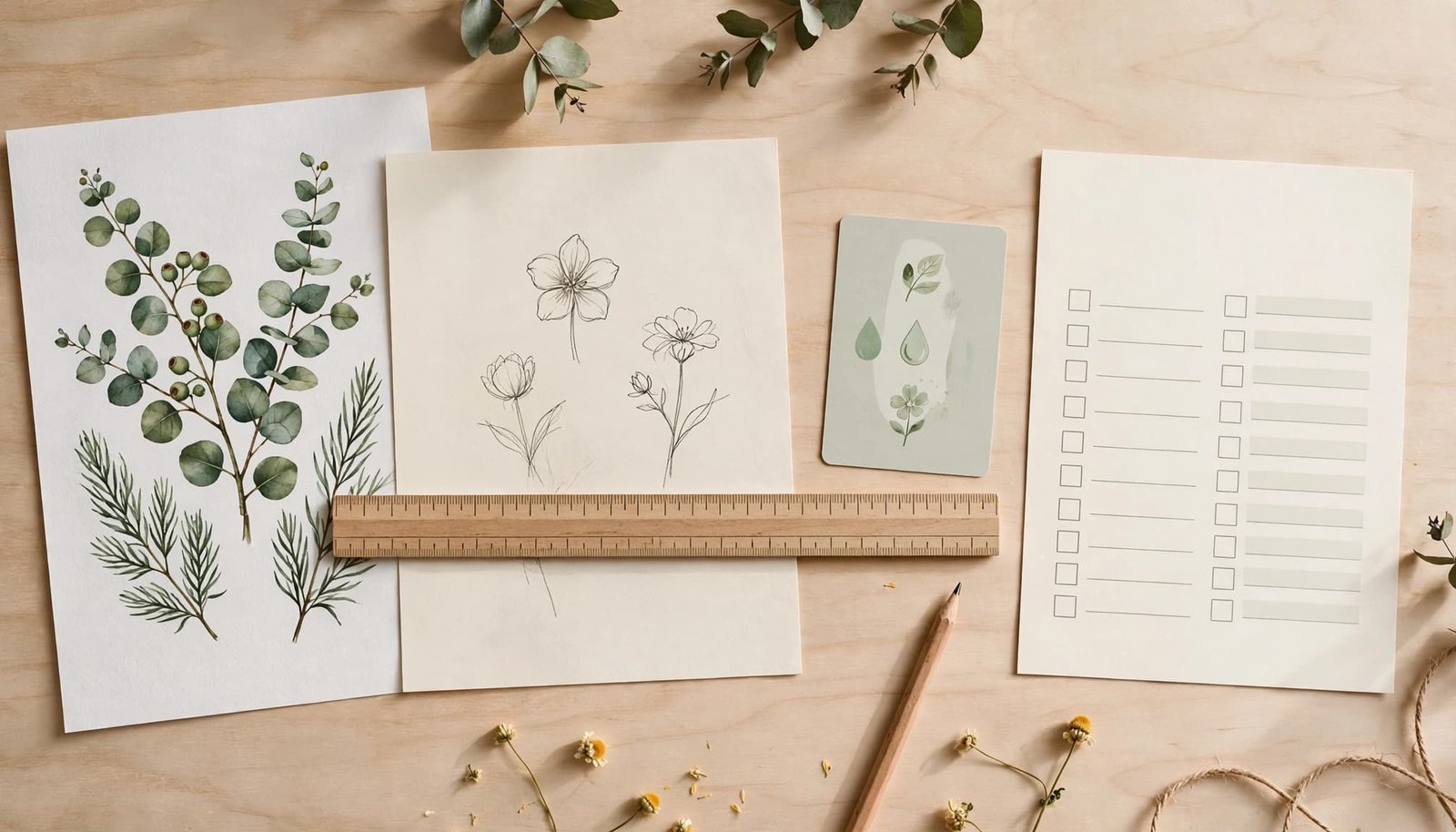 Botanical tattoo sketches, a plant reference, ruler, care card, and blank form on a studio table.