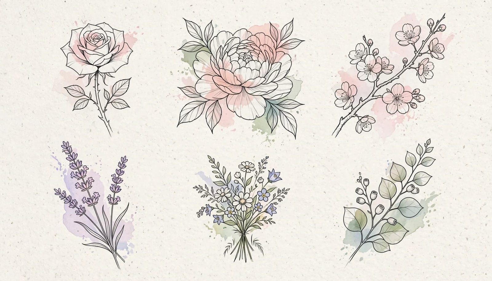 Six fine-line flower tattoo sketches with soft pastel accents on a neutral sheet.