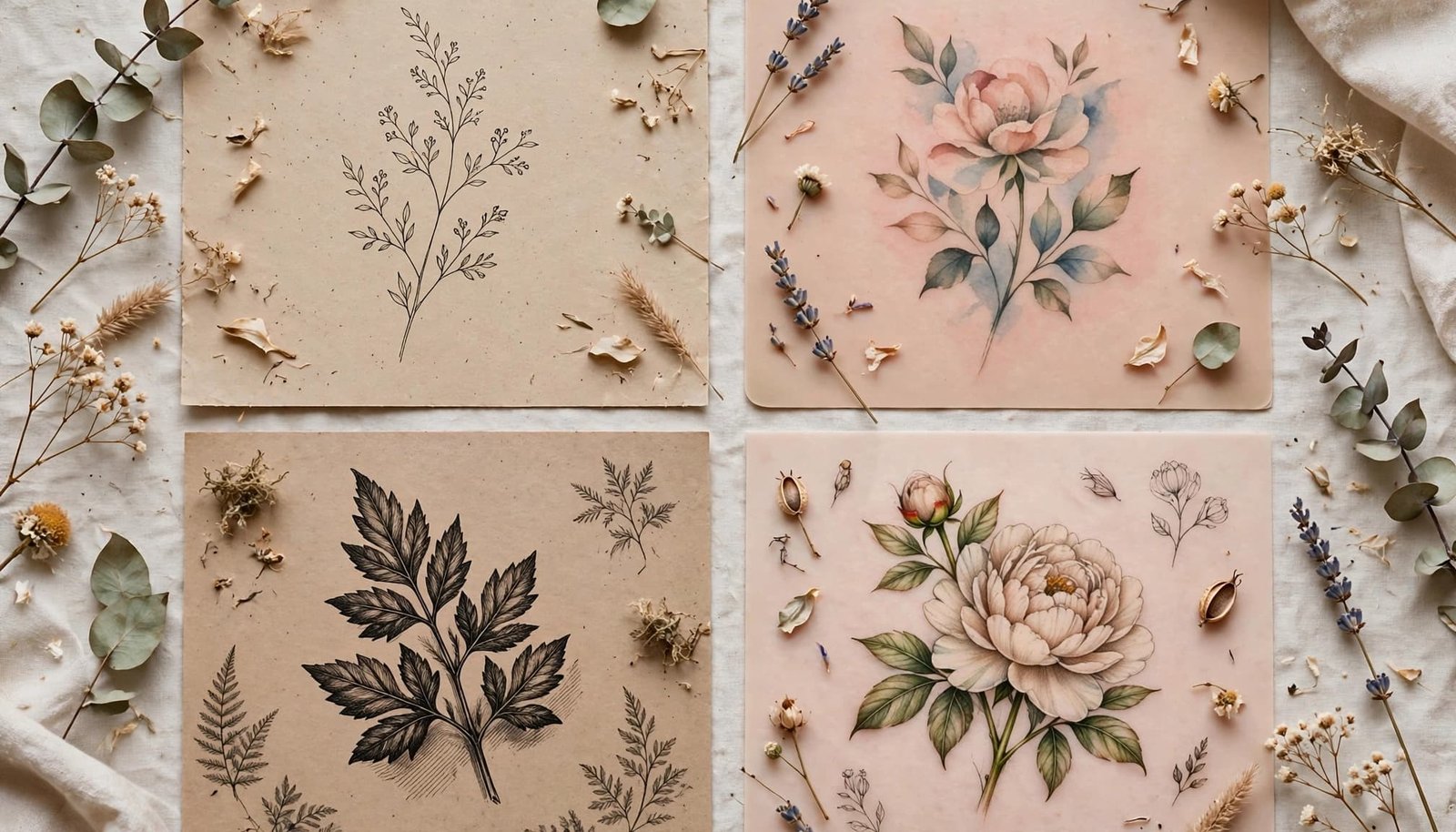 Four botanical tattoo studies show delicate, colorful, dark, and realistic floral styles.