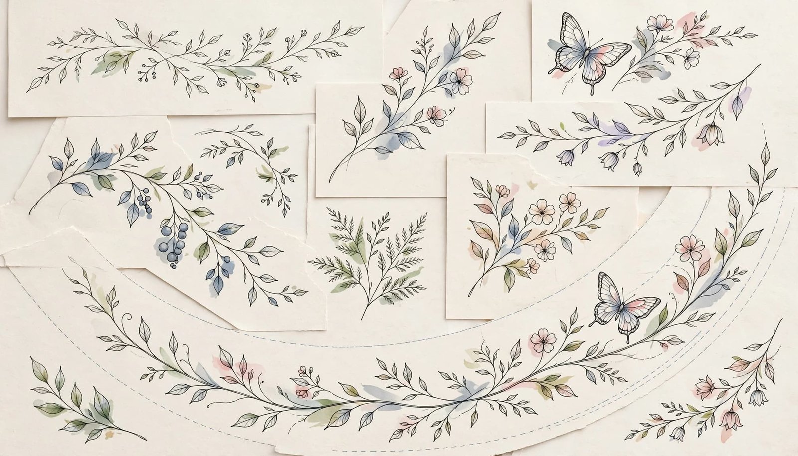 Botanical vine tattoo sketches with leaves, flowers, butterflies, and watercolor details on cream paper.
