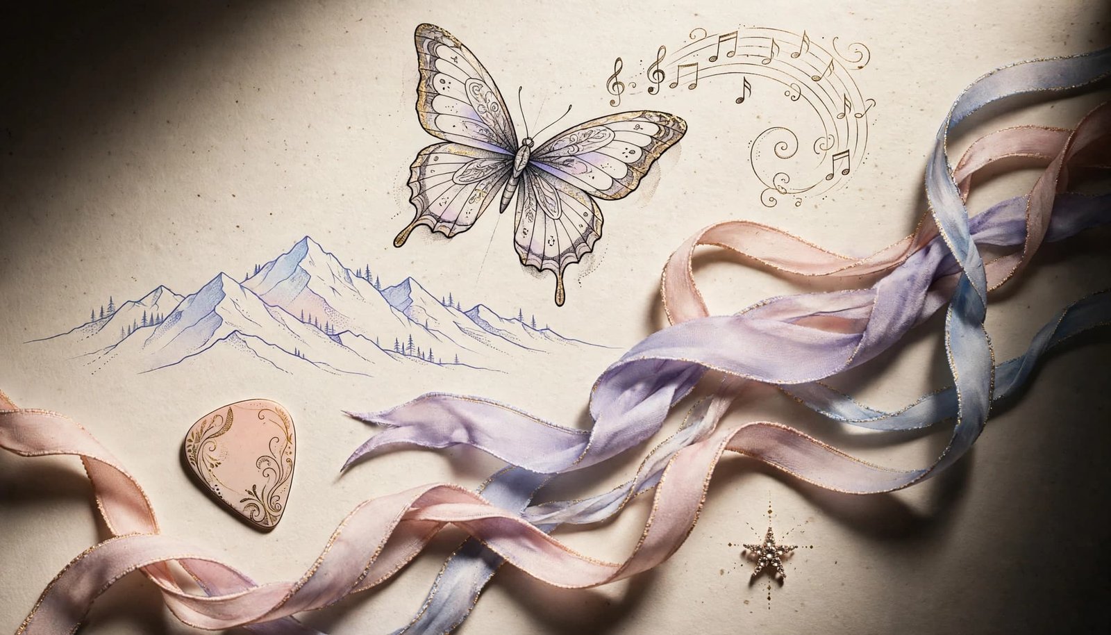 Butterfly tattoo motifs with music notes, ribbons, a guitar pick, star, and mountains.
