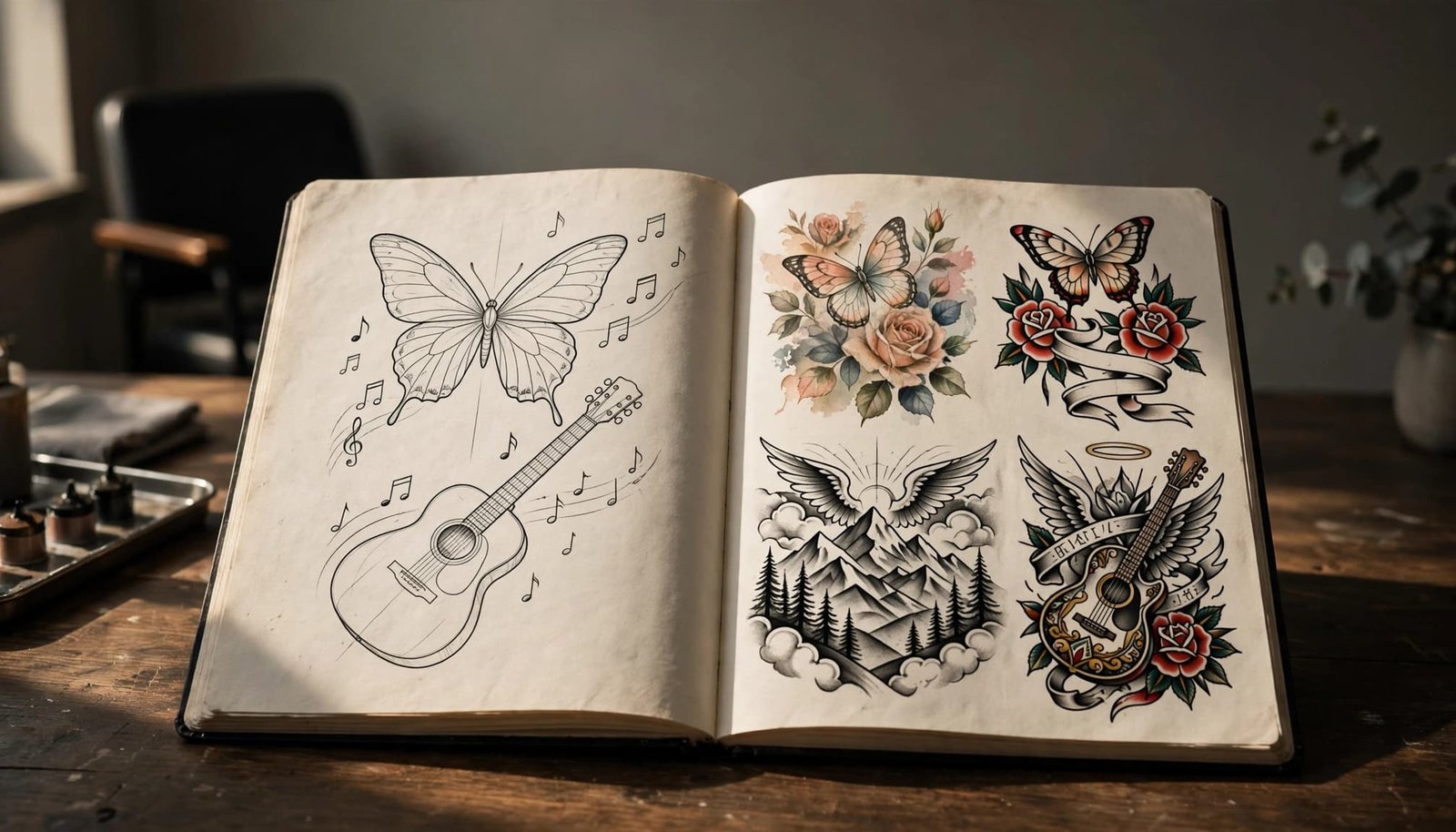 Open sketchbook showing butterfly and music-themed tattoo designs in a quiet studio.