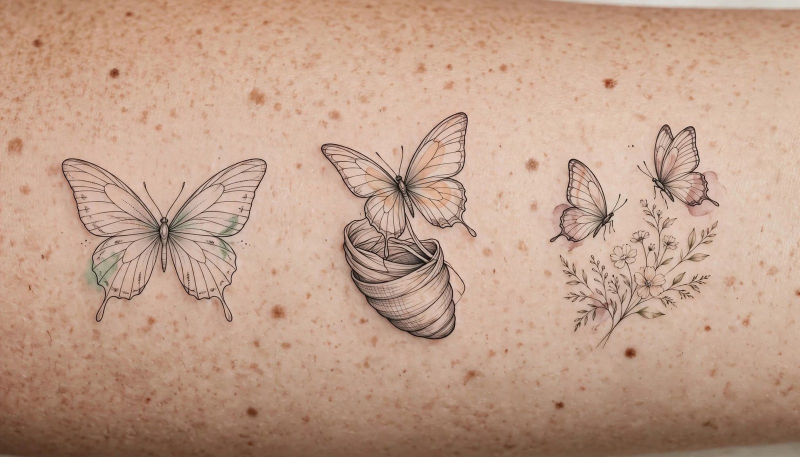 Three delicate butterfly tattoo designs on a neutral skin-toned display.