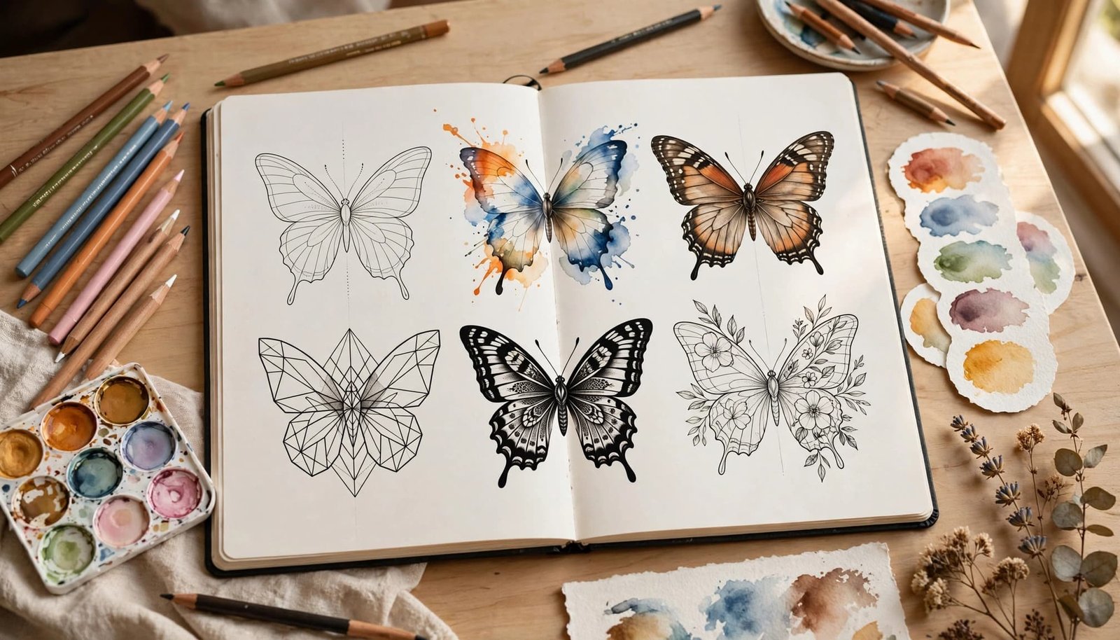 Sketchbook showing varied butterfly tattoo designs beside pencils and color swatches.