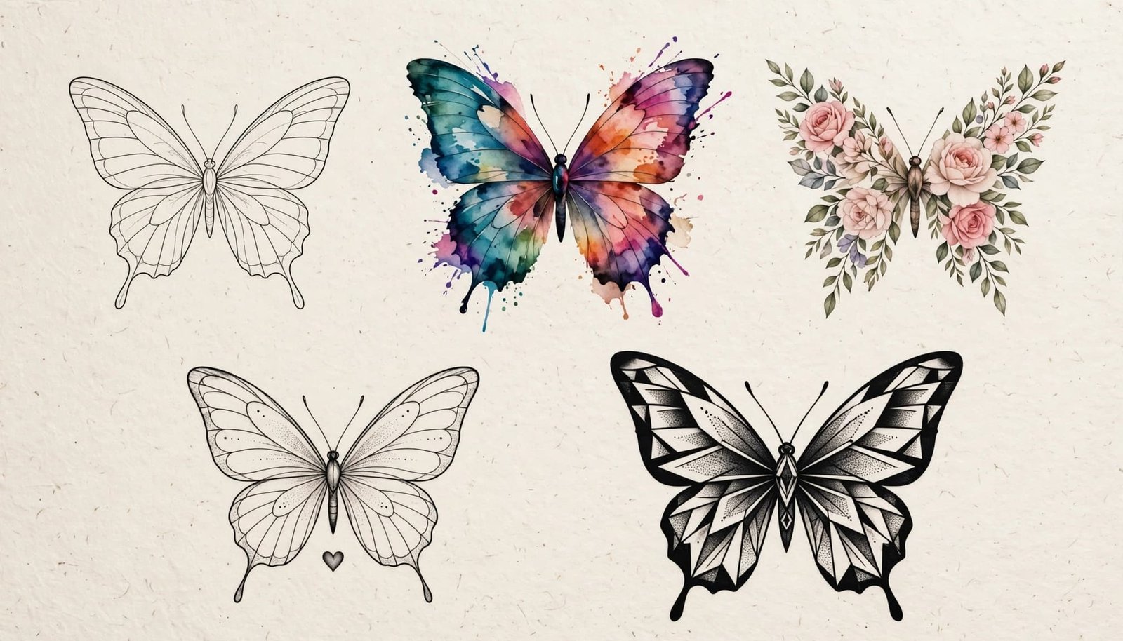 Five butterfly tattoo designs show fine-line, watercolor, floral, heart, and geometric blackwork styles.
