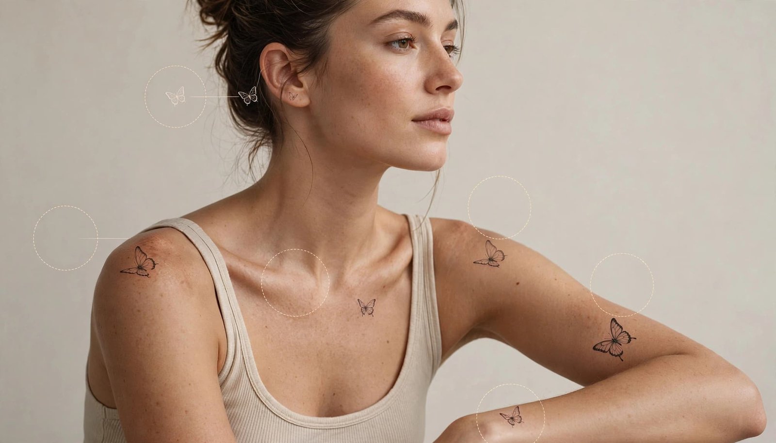 Woman showing butterfly tattoos on her wrist, forearm, shoulder, and collarbone.